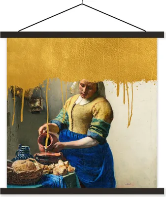 Produktbild von MuchoWow® Textilposter Milchmädchen - Gold - Vermeer 60x60 cm mit schwarzem Rahmen - Posteraufhänger