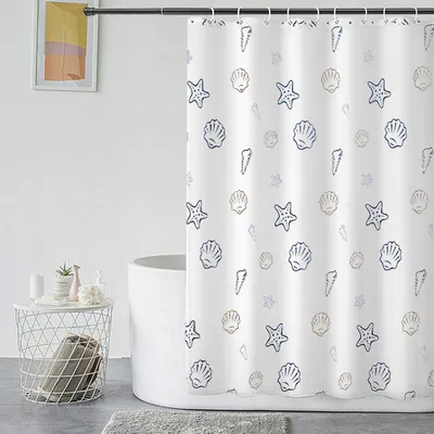 Image de Rideau de douche anti-moisissure, 180 x 200 cm, tissu polyester, imperméable, lavable en machine, avec 12 crochets, motif marin blanc