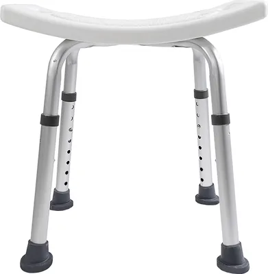A white shower stool with adjustable height legs and gray rubber feet, shown against a white background.