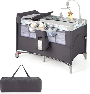 Image de COSTWAY Lit d'appoint pliable 5 en 1, lit de voyage avec matelas, lit bébé 2 niveaux pour bébé jusqu'à 3 ans (Gris)