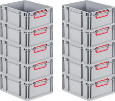 Produktbild von SuperSparSet 10x Eurobox NextGen Color | HxBxT 17x30x40cm | 16 Liter | Griffe rot geschlossen | Glatter Boden | Grau | Eurobehälter, Transportbox, Transportbehälter, Stapelbehälter