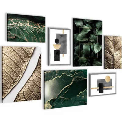 Produktbild von Novart Wandbilder Abstrakt Figuren Blätter - KOMPLETT AUFHÄNGFERTIG - Gold Grün Wohnzimmer Schlafzimmer - 7 Moderne Mood-Bilder - N006971a