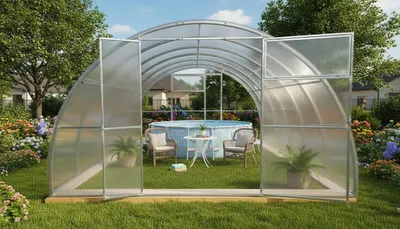 Obrázek produktu pro Kryt bazénu "Mirella" od Garten Dream. 3.5x8M s 6mm polykarbonátem Celoroční použití. Odolný proti sněhu a větru. Dvířka na každé straně. Ochrana proti korozi