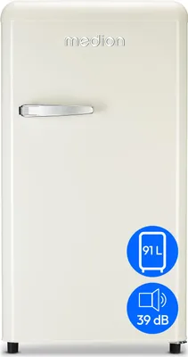 Produktbild von MEDION Retro Kühlschrank (91 Liter, 91cm Höhe (höhenverstellbare Füße), höhenverstellbare Glasablagen, transparente Gemüseschublade, freistehend, Türanschlag rechts, Metall Türgriff, MD37800) cream