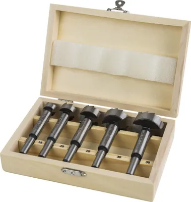 Produktbild von STIER Forstnerbohrer Set in Holz-Kasette, 5-teilig (15, 20, 25, 30, 35 mm), 10 mm Schaft, für Hart- & Weichholz, Forstner Bohrersatz, Forstner Bohrer Set