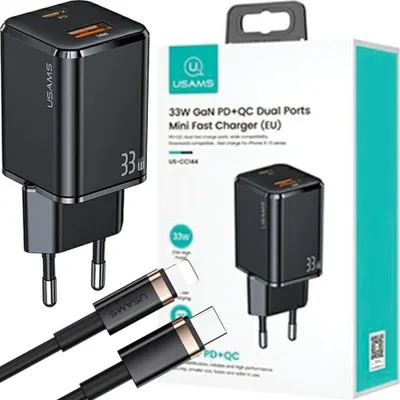 Image de Usams Ład. Réseau. 1Xusb-C+1Xusb T43 33Wpd3.0 +Qc3.0 + Cable U63 Usb-C To Lightning Black/Black Usktz01