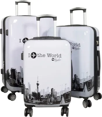 Produktbild von Hartschalen Reise Kofferset Trolleyset mit Dehnfalte (Gr. L+XL) und Motiv Fly the World Weiß - Gr. M, L und XL