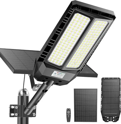 Imagen del producto de Lámpara solar de 1500W para farolas, con control remoto, IP66, resistente al agua, ideal para exteriores, con sensor de movimiento. Focos solares LED de 6500K, para jardines, garajes y calles