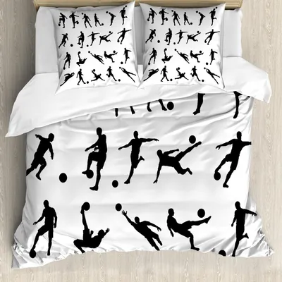 Produktbild von ABAKUHAUS Fußball Bettbezug Set, Fußball-Spieler-Silhouetten Torhüter Striker Shooting Heading Volleying Saving, 155 x 220 cm + 80 x 80 cm, Weiß Schwarz