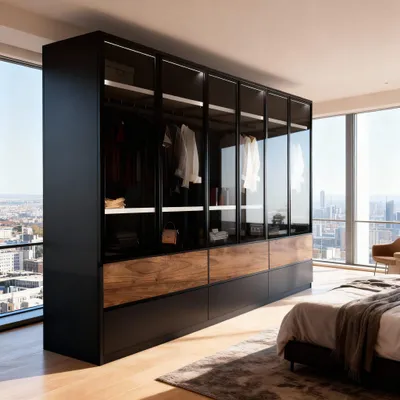 Produktbild von Kleiderschrank Drehtürenschrank Amsterdam inkl. in 6 Farben inkl. Zubehörpaket, Maße ca.: B: 300cm, T: 62cm, H: 218 cm Farbe: Schwarz-Nussbaum Optik