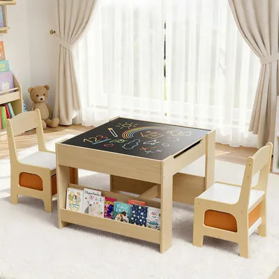 Image de Table d'activité pour enfants - Ensemble 3 pièces (table et chaise) - En bois - Avec tiroirs de rangement - Pour l'apprentissage et les jeux - 62 cm - Jaune
