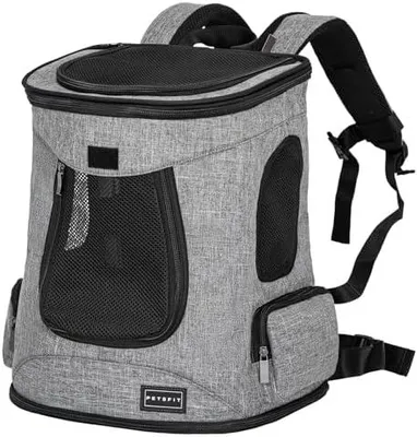 Produktbild von Petsfit Hunderucksack & Katzenrucksack für große Katzen bis 5kg - Leichter Katzen Rucksack mit Netzfenster, Brustgurt & Polster - Atmungsaktiver Rucksack für kleine Hunde, Grau