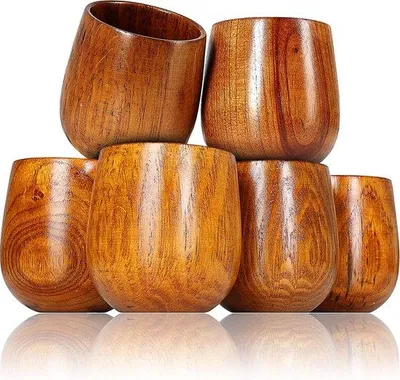 Immagine prodotto di Set di 6 bicchieri in legno / bicchieri decorativi, bicchieri in legno ecologici da 150 ml, bicchieri in legno dal design minimalista, colore: marrone caffè