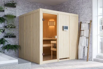 Produktbild von Karibu Sauna Innensauna Oulu Fronteinstieg Ofen 9 KW externe Strg easy 196x196x198 cm ohne Dachkranz