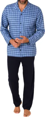 Produktbild von Herren Pyjama Schlafanzug lang zum durchknöpfen in edler Karo Optik - auch in Übergrössen ; hellblau , 48