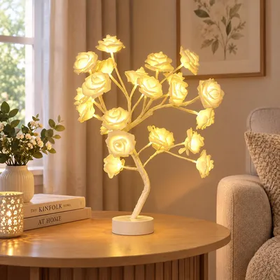 Produktbild von LED Rosenlampe Künstlich Rosenbaum Lampe USB Batteriebetrieben Nachttischlampe Nachtlicht Valentinstag Geburtstag Geschenke Deko, Weiß