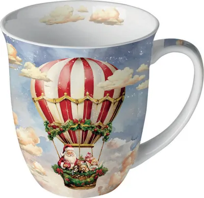 Produktbild von Tasse 10cm Porzellan 0,4L mit Weihnachtsmann im Heißluftballon Motiv