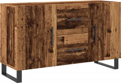 A wooden sideboard with drawers and doors on a white background.