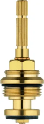 A close-up studio shot of a brass plumbing valve component.