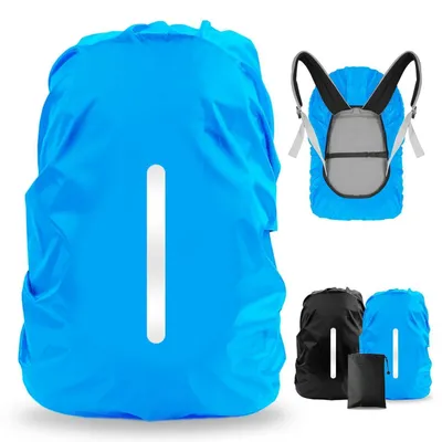 Produktbild von Regenschutz Rucksack wasserdicht 2 Stück Regenhülle Schulranzen reflektierend L 45-55L Blau Schwarz