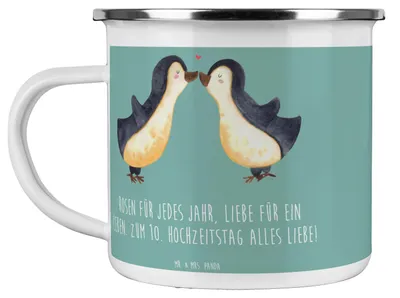Produktbild von Mr. & Mrs. Panda Emaille Tasse 10. Hochzeitstag Rosenhochzeit - Meeresbrise - Geschenk, Eheversprechen, Geschenke, Heirat, Teetasse, Heiraten, Haferl, becher, zehn Jahre