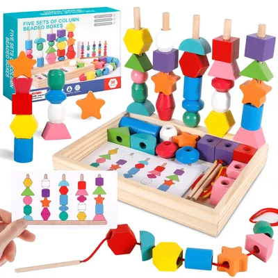 Productafbeelding van 3-in-1 houten kralenrijspeelgoed, Montessori-speelgoed, bevordert de motoriek