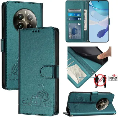 Produktbild von Leder Hülle für Realme 12 Pro/Realme 12 Pro+ Süße Katze Flip Case Brieftasche Schutzhülle mit Standfunktion Grün