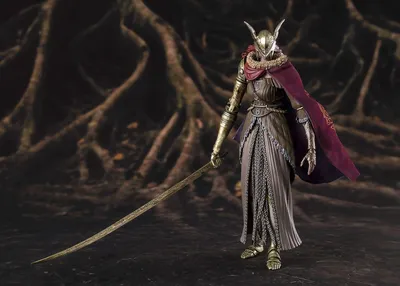 A detailed action figure of the character Melina from Elden Ring, holding a sword, standing in front of a dark, root-like background.