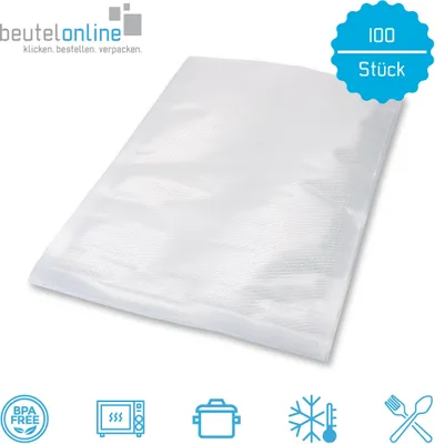 A clear product shot of vacuum seal bags on a white background, with icons and text overlays.