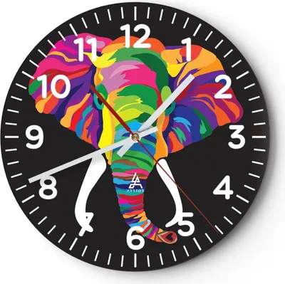 Produktbild von Wanduhr - Rund - Glasuhr - Elefant spaß bunt tier - 30x30cm - Schleichendes Uhrwerk - Lautlos - zum Aufhängen bereit - Dekoration Modern - Wanddekoration aus Glas - C4AR30x30-2928