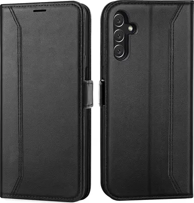 A black flip case for a Samsung Galaxy A13 5G / A04s phone is shown from two angles.