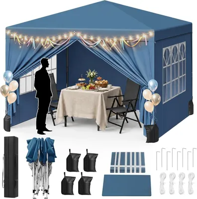 Produktbild von WOLTU Pavillon mit 4 Seitenteilen und 4 Sandsäcke, Faltpavillon 3x3m, höhenverstellbar, Blau