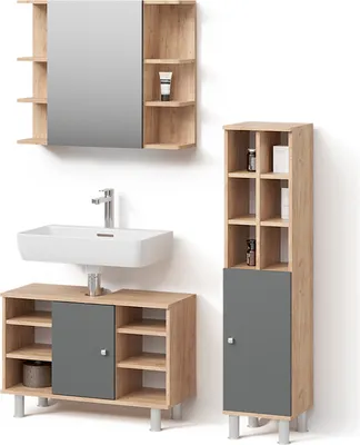Image de Ensemble de meubles de salle de bains Livinity Fucino Chêne 3 pièces, avec armoire haute, Model 53058