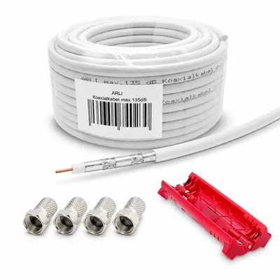 Produktbild von 10m ARLI Koaxialkabel – max. 135 dB 5-fach geschirmt+ 4x F-Stecker & Abisoliermesser für DVB-S2 DVB-C2 DVB-T2 4K HDTV
