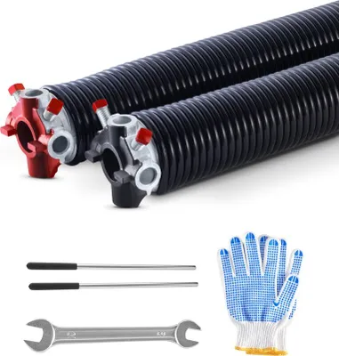 A set of garage door torsion springs and tools.