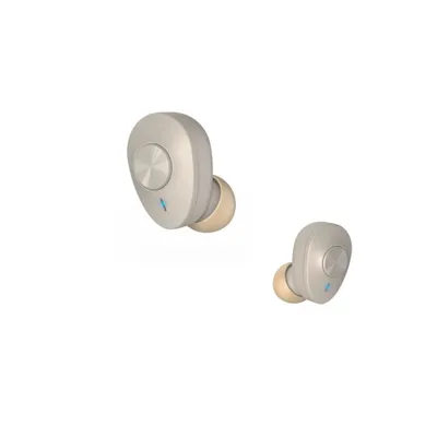 Two beige and silver wireless earbuds are shown against a white background.