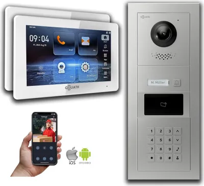 Produktbild von Goliath IP Video Türsprechanlage mit Kamera 7-Zoll Zahlencode RFID Silber : Aufputzdose : 7 Zoll in Weiß : 2 Monitore Anzahl: 2 Monitore Farbe: 7 Zoll in Weiß Montage: Aufputzdose