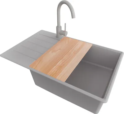 Produktbild von PRIMAGRAN Granitspüle Grau 78x50cm, Spülbecken 1 Becken + Küchenarmatur 32x20cm + Ablauf-Set + Schneidebrett, Küchenspüle ab 60er Unterschrank - Kopenhagen
