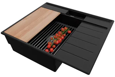 Produktbild von PRIMAGRAN Spülbecken Schwarz 62x53cm, Granitspüle 1 Becken + Ablauf-Set + Küchenzubehörset, Küchenspüle ab 45er Unterschrank - Sydney Pocket