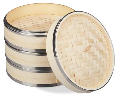 Image de Cuiseur vapeur en bambou Relaxdays, 3 étages, avec anneaux métalliques, panier vapeur asiatique pour le riz, les dim sum et les légumes, Ø 24 cm, couleur naturelle
