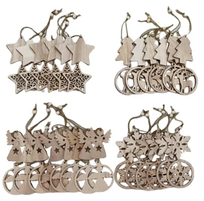 Weihnachtsbaumdeko-Set, 52 Holz-Anhänger, Hirsch, Engel, Sterne, Schneeflocken