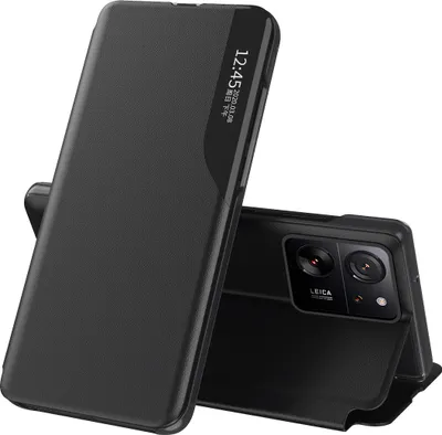 A black flip case for a smartphone is shown, with the phone partially visible inside.