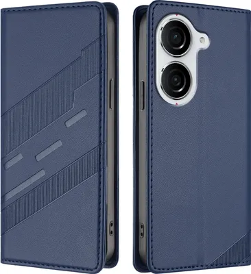 A blue phone case is shown from two angles, open and closed.