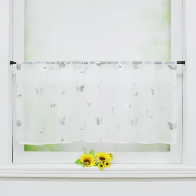 Produktbild von Joyswahl Scheibengardinen Bistrogardine Küchengardinen Kurzstores mit leuchtendem Schmetterlingsmuster Landhausstil Transparent Tunnelzug Silber HxB 45x120 cm