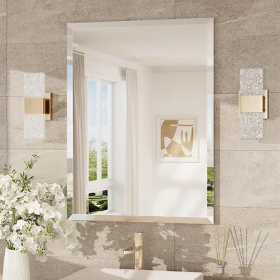 Image de Miroir de salle de bain rectangulaire, 60x80 cm, miroir mural sans cadre avec bords facettés