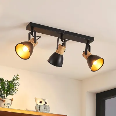 Productafbeelding van ZMH Plafondlamp met 3 lampen, zwart, E14, vintage, geschikt voor hal. Zwarte keukenlamp, metalen en houten plafondspots, industriële wandlamp voor de hal