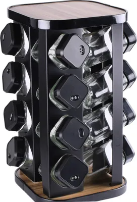 Produktbild von Drehbares Gewürzregal 16 Gläser schwarzes holzähnliches Gewürzset