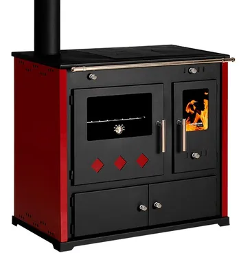 A red and black wood-burning stove with an oven and stovetop.
