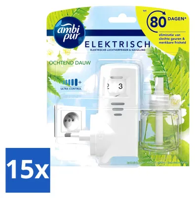Zdjęcie produktu dla 15 sztuk zestawu startowego elektrycznego dyfuzora zapachowego Ambi Pur - zapach "Morning Dew" - zestaw ekonomiczny