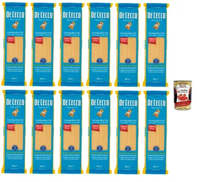Produktbild von De Cecco Vermicelli Nr. 170, Pasta 12 x 500 g, langsames Trocknen, Premium Hartweizengrieß, 14 min kochen (al dente 12), ideal für Tomatensoßen & Meeresfrüchte + Italian Gourmet Polpa 400g